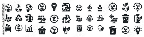 Eco-friendly plant and energy icons set – solid, sustainable, green energy symbols