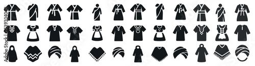 Traditional clothing silhouette icons set – filled, cultural, fashion symbols