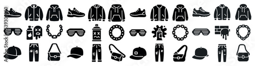 Hip hop fashion silhouette icons set – urban, style, wardrobe essentials