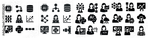 Artificial intelligence solid icons set – filled, data science, neural network symbols