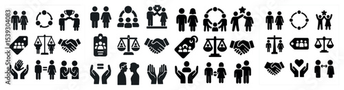 Community and justice icons set – solid, filled, people, legal symbols