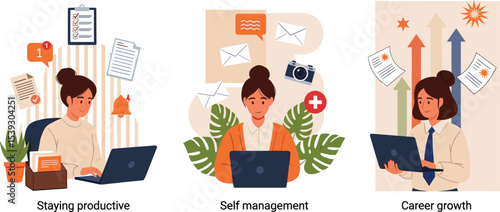 Illustration set showing professional women working efficiently, managing tasks independently, and advancing their careers with clear focus and determination.