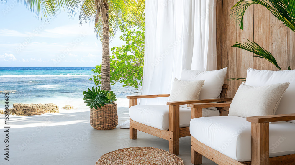 Fototapeta premium Coastal patio with wooden chairs, sea view, and tropical plants creates serene atmosphere
