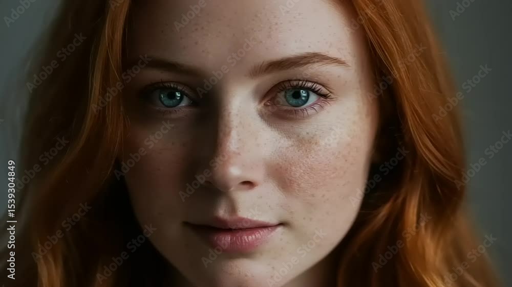 Portrait of a Beautiful Young Woman with Freckles and Red Hair Looking at Camera Portrait of a Beautiful Young Woman with Freckles and Red Hair Looking at Camera