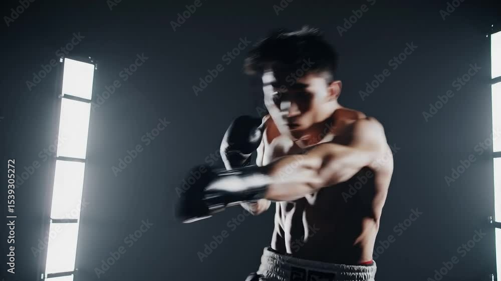 Japanese boxer unleashing a powerful punch toward camera with sweat bursting midair in dramatic slow motion Japanese boxer unleashing a powerful punch toward camera with sweat bursting midair in dramatic slow motion
