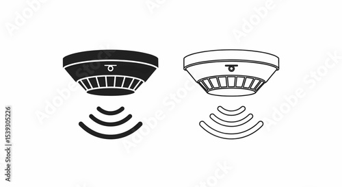 This high-quality vector image features two minimalist smoke detector icons: a solid black silhouette and a black outline, both with a rounded top, circle, and wavy lines, all with fine details.