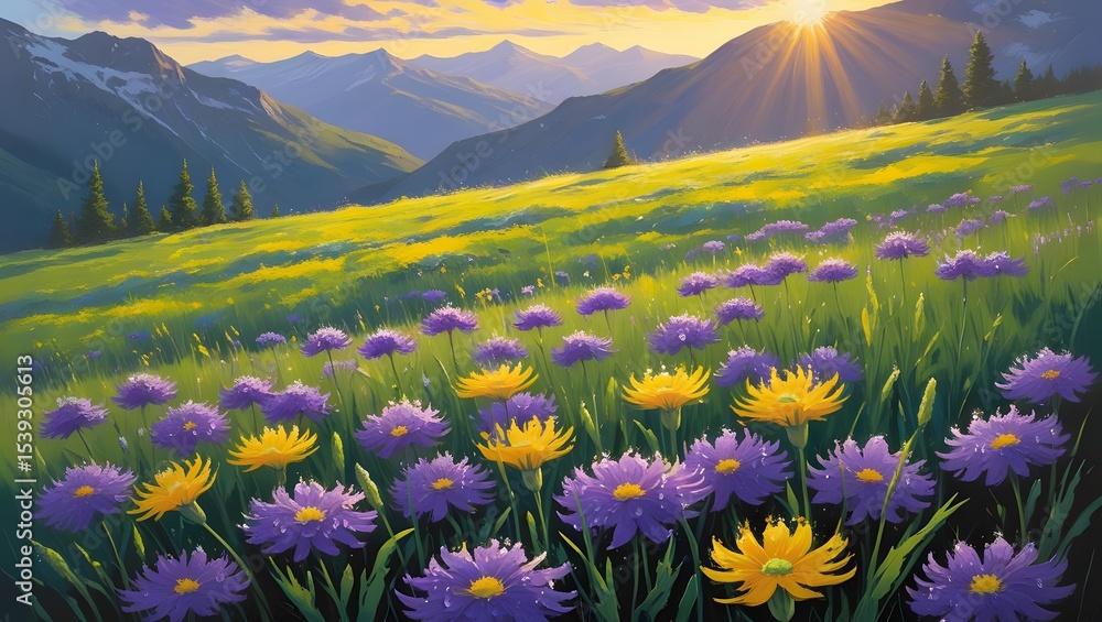 Fototapeta premium Sunrise paints the mountain meadow with vibrant hues, purple and yellow wildflowers dance in the gentle breeze, a breathtaking spectacle of natures artistry.
