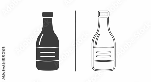 This high-quality vector image features two simple bottle icons: a solid dark gray silhouette and a matching outline, both with a narrow neck, a wider body, and three horizontal lines.