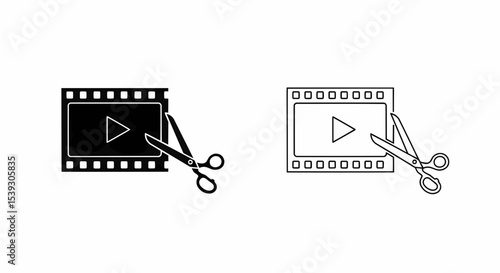 This high-quality vector image features two minimalist film editing icons: a solid black film strip with a play button and scissors, and a matching black outline, all with fine details.