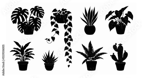 Stylish potted plant silhouettes perfect for home decor projects and design elements featuring various greenery types including ferns and cacti.