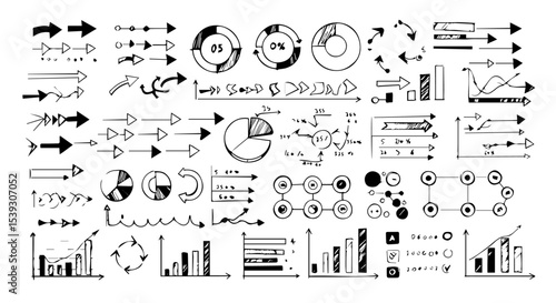 Hand-drawn infographic elements charts graphs arrows business presentation design sketch