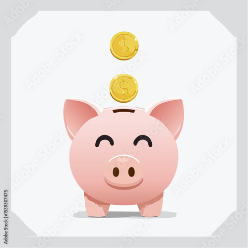A clean piggy bank vector with coins dropping in, symbolizing saving money and financial awareness.