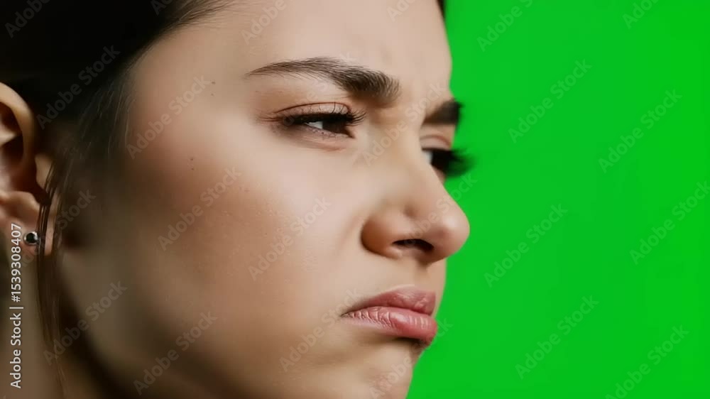 Sad woman facial expression on green screen various emotional states feelings Sad woman facial expression on green screen various emotional states feelings