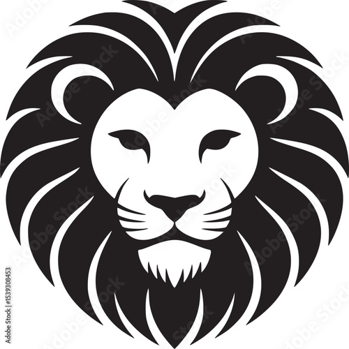 A stylized black and white lion head illustration with a prominent mane on a white background