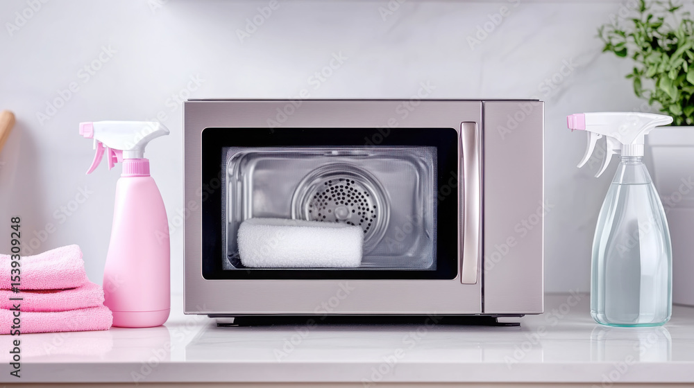 Fototapeta premium Modern microwave with cleaning supplies on a kitchen counter