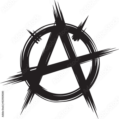 A black anarchy symbol with brush stroke texture on a light beige background in a square format