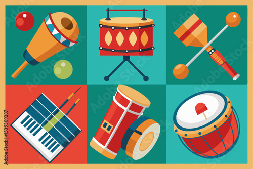 Collection of colorful percussion instruments
