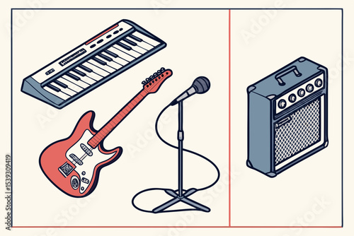 Isometric illustration of musical instruments and equipment