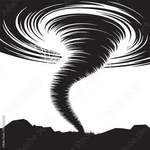 Stylized illustration of a tornado touching down in a field with mountains in the background