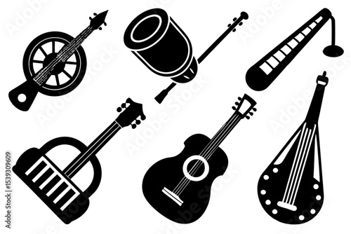 Collection of black silhouette musical instruments