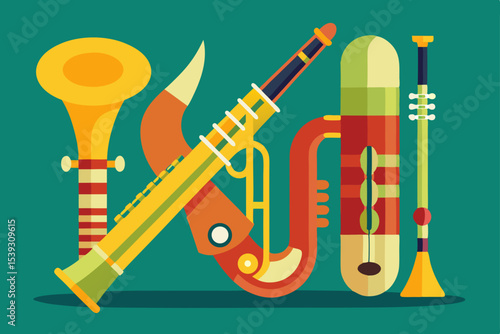 Stylized illustration of various wind instruments