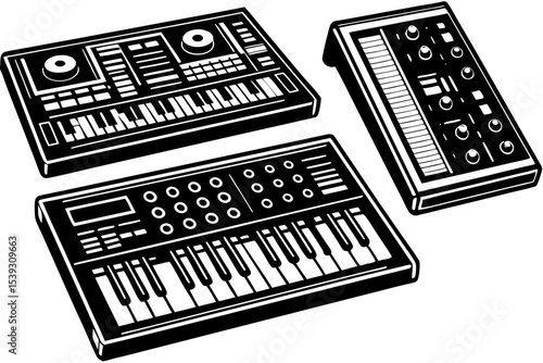 Three vintage electronic music synthesizers