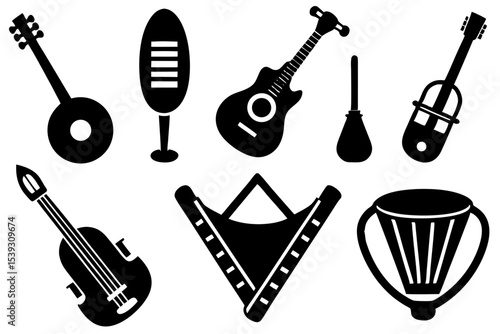 Collection of black and white musical instrument icons