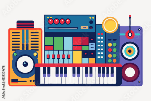 Colorful music production studio equipment
