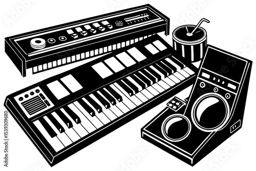 Retro synthesizers and studio equipment illustration