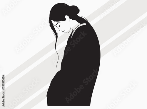 Traditional Japanese Silhouette of Kneeling Figure in Elegant Kimono with Flowing Hair Ribbon