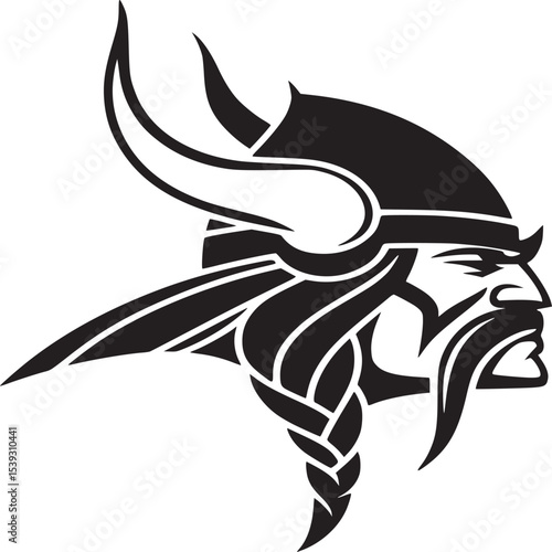 Black and white graphic illustration of a viking head with horns and a braided beard design
