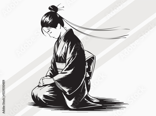 Traditional Japanese Silhouette of Kneeling Figure in Elegant Kimono with Flowing Hair Ribbon