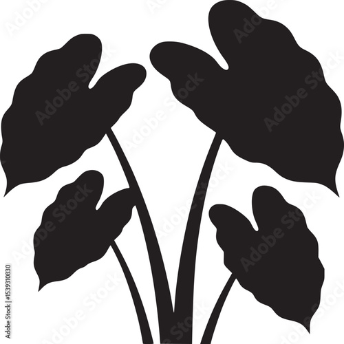 Black silhouette of taro plant with large leaves and stems on a white background in simple style