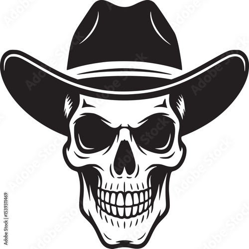 Illustration of a skull wearing a black cowboy hat in a monochrome color scheme on a light background
