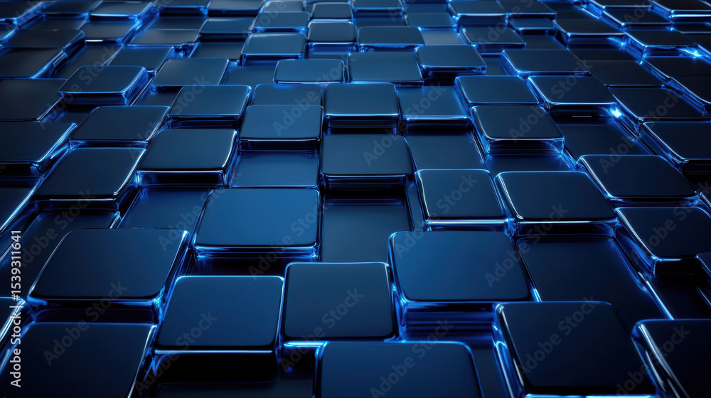 Fototapeta premium Hightech surface made of digital blue tiles with glowing edges creating futuristic and sleek pattern with depth and shine
