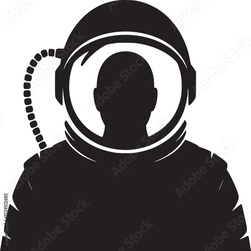 Silhouette of an astronaut wearing a space suit with a helmet and a tube on a white background