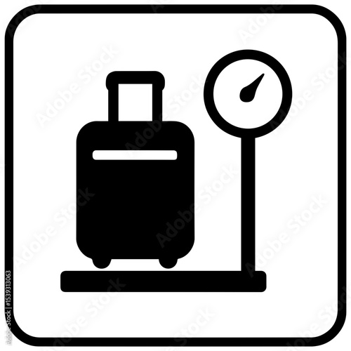 Checked baggage scale icon with suitcase on weighing platform for airport luggage measurement and travel check-in transparent background
