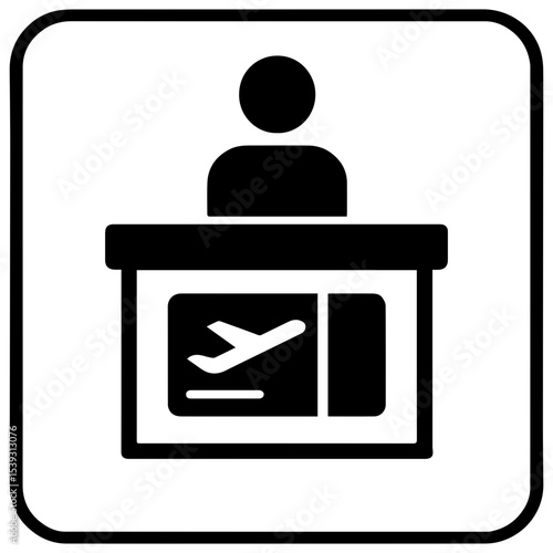 Airline counter icon with person behind service desk and airplane symbol representing airport check-in and travel assistance with transparent background
