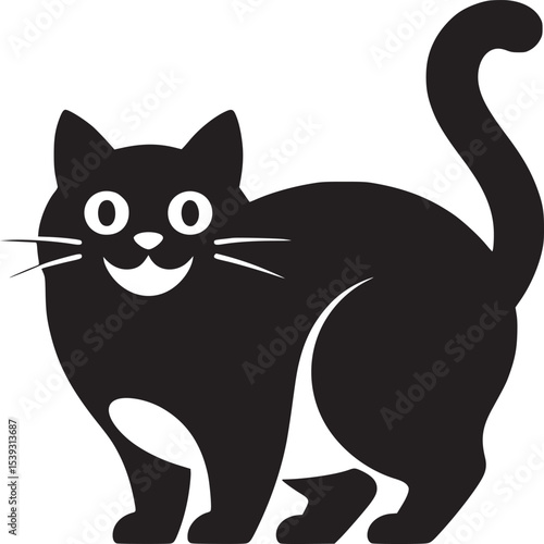 A black cat with a white belly and a long tail smiling on a plain white background in a cartoon style