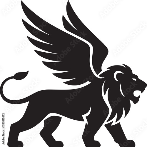 Illustration of a black winged lion with a curled tail on a white background in a vector format