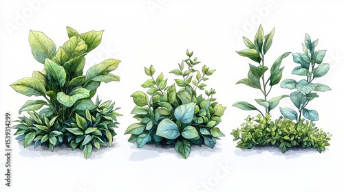 Hand-drawn illustration of three different types of lush green plants.