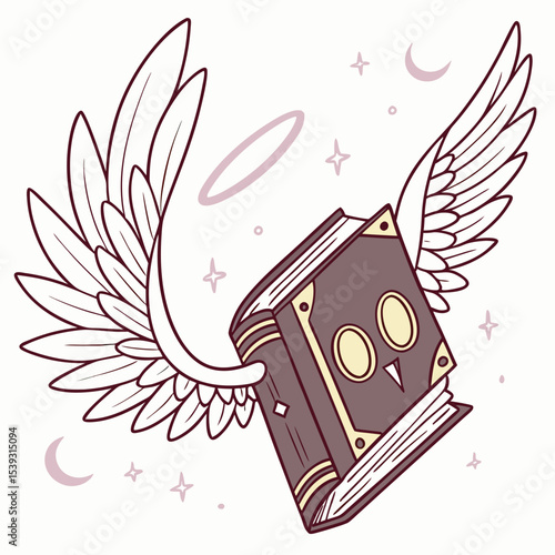 Flying book with angel wings and celestial elements