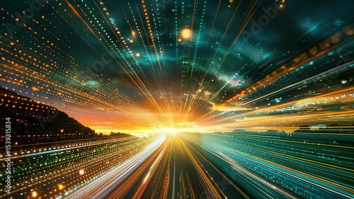 Abstract digital landscape with light streaks and vibrant colors, creating a sense of speed and technological advancement