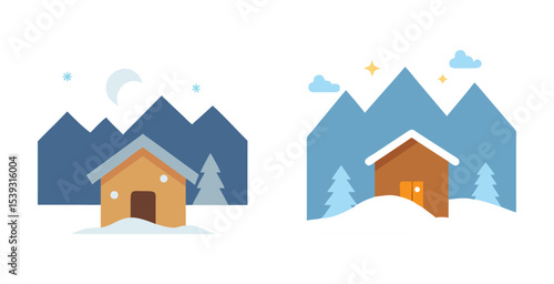 Cozy mountain chalet house nestled in snow covered home design vector art set