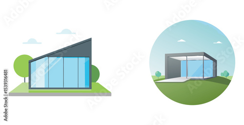 Modern glass house exterior with floor to ceiling home design vector art set