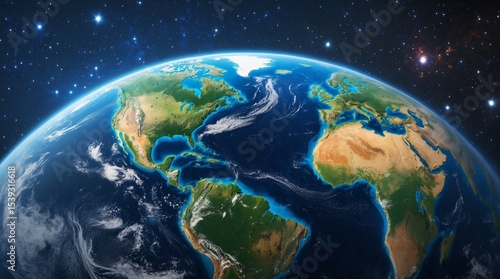 Earth View from Space with Continents, Oceans, and Stars