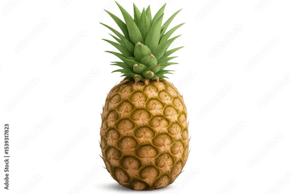 Fototapeta premium Photorealistic 3d rendering of a ripe pineapple with green leaves, isolated on a transparent background