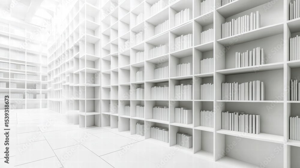 Obraz premium Minimalist White Library Interior with Clean Lines and Shelves