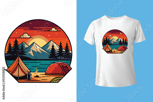 Adirondack Mountains. The great outdoor. Take a hike vector print design. Wild lake artwork for posters, stickers, background and others. Outdoor vibes illustration. Mountain camping art.