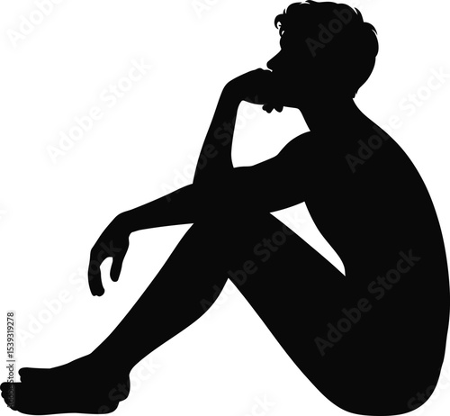 Thinking Man Sitting Silhouette Vector – Pensive Human Pose Design